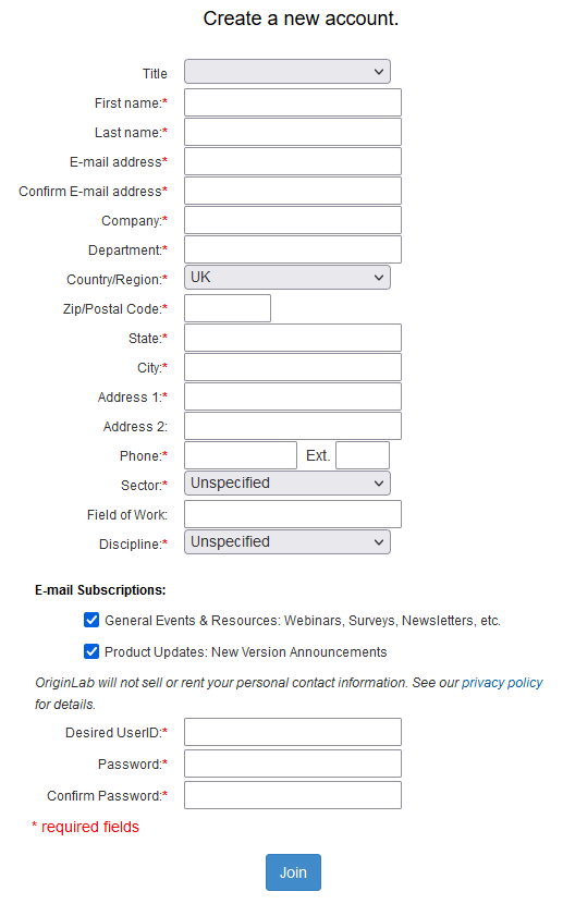 OriginLab Web new account form